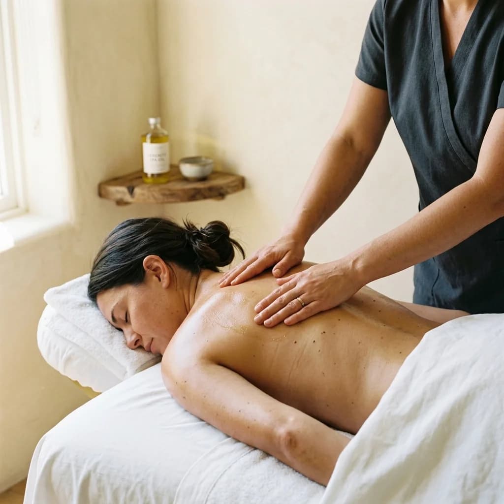 Masaje corporal profesional con técnica experta y aceites naturales en ambiente spa