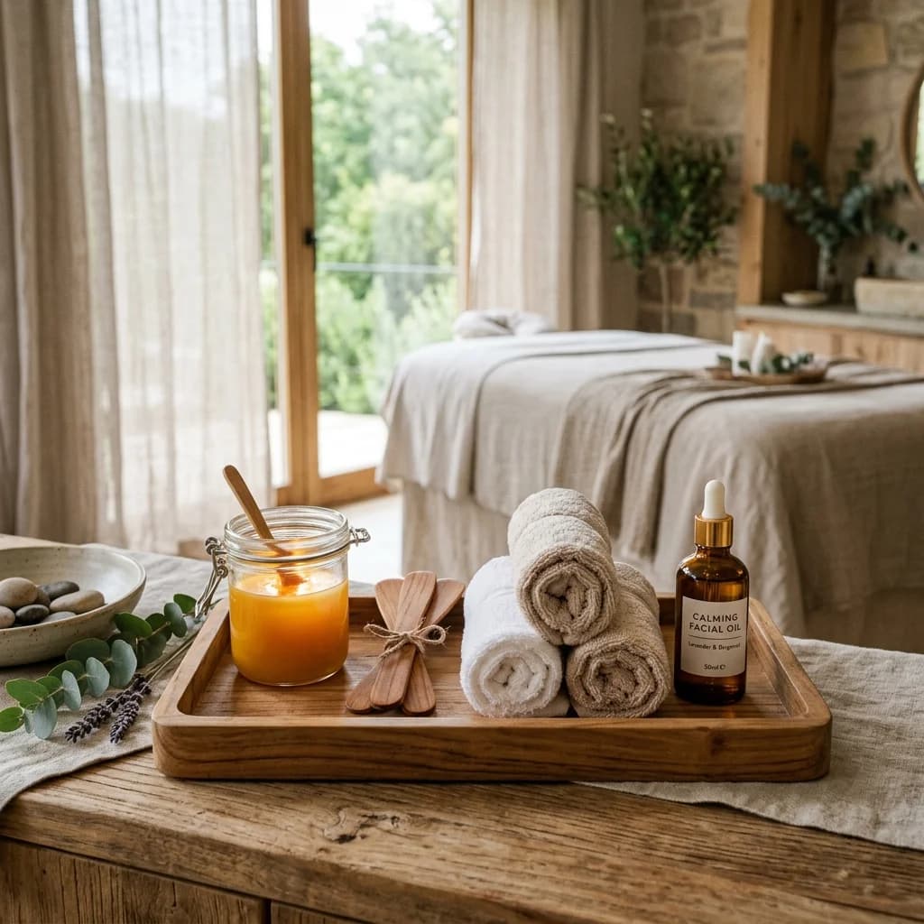 Ambiente de spa premium con cera tibia en cuenco de cerámica, espátulas de madera y toallas de algodón sobre bandeja.