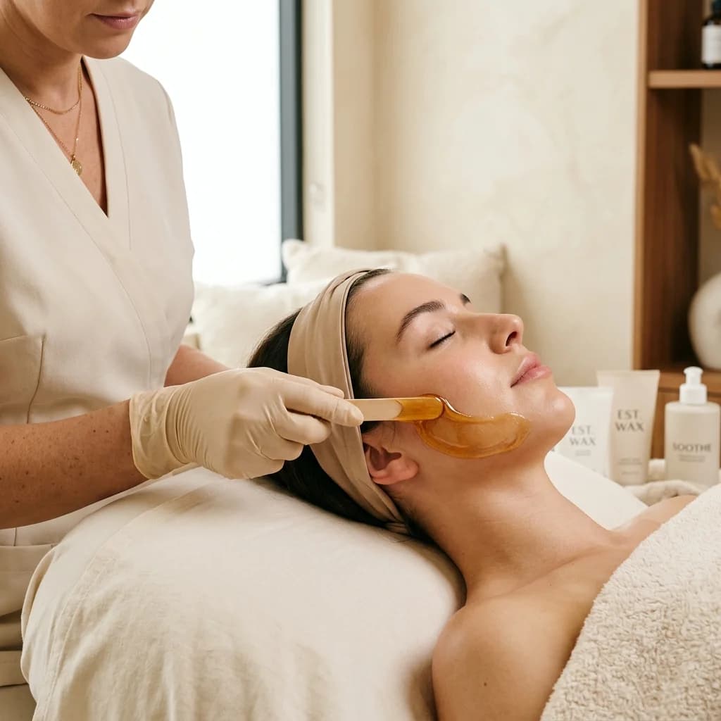 Depilación facial con cera en zona de cejas — precisión y cuidado de la piel