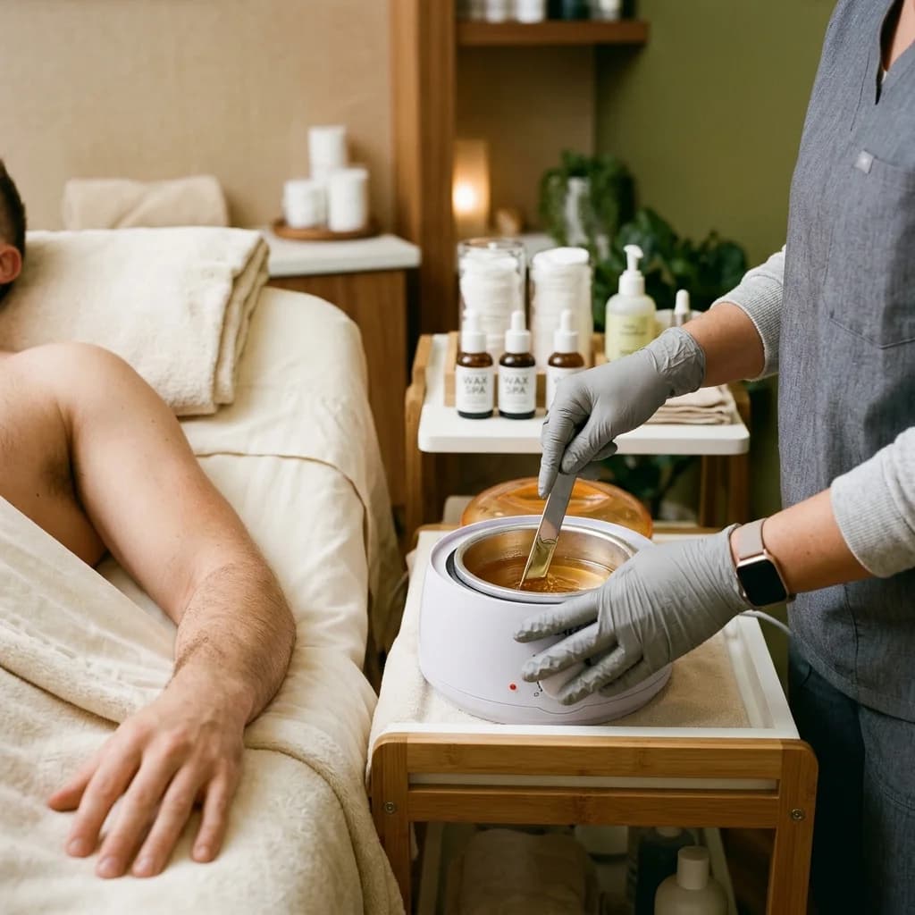 Preparación de tratamiento de depilación con cera para brazo de modelo masculino en camilla crema.