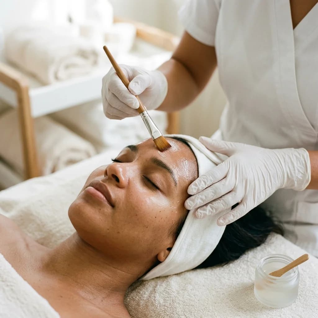 Tratamiento estético facial con iluminación suave y manos profesionales enguantadas