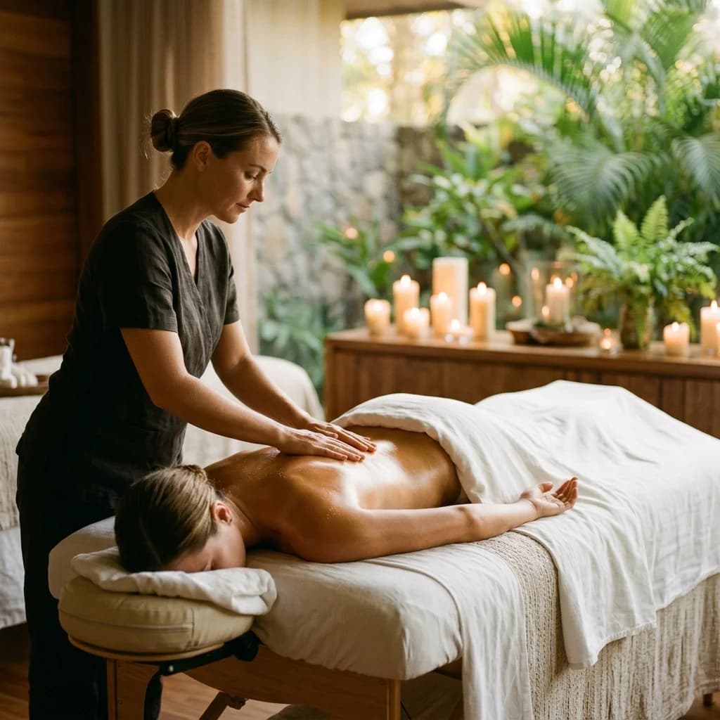 Masaje de relajación completo — manos expertas sobre espalda en ambiente spa cálido