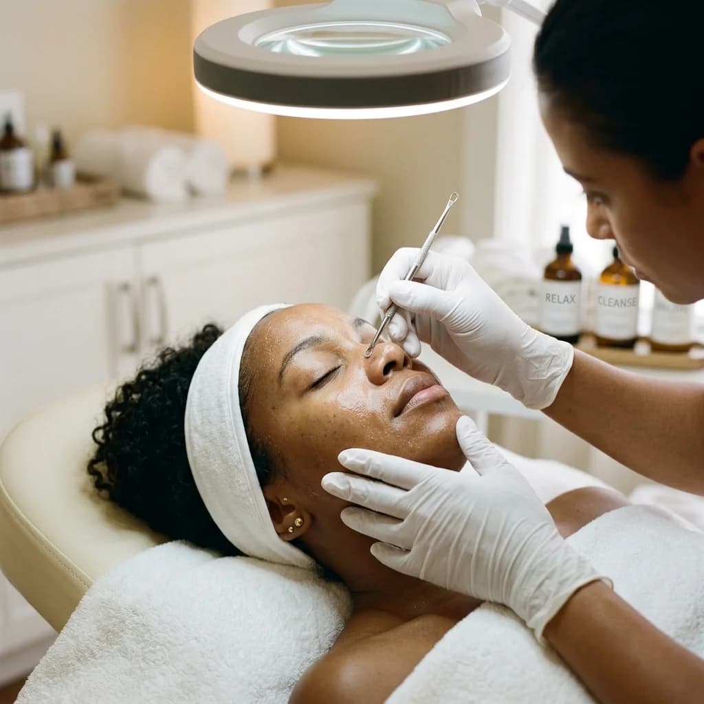 Limpieza facial profunda con extracción y técnica profesional sobre piel luminosa