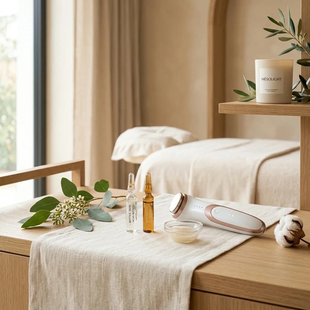 Tratamiento de mesoterapia corporal en cabina estética con instrumental profesional preparado.