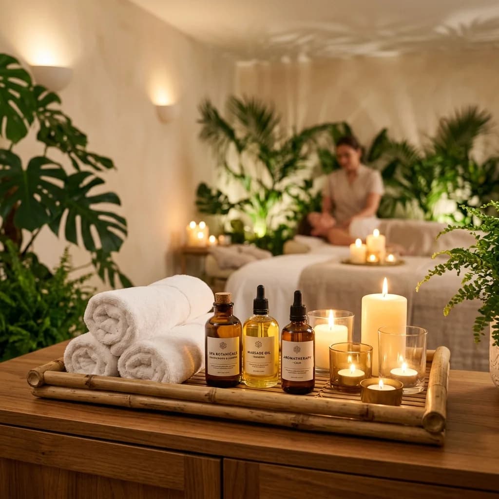 Cabina de tratamiento de Santuario Aura Beauty Spa con mesa preparada y toallas blancas