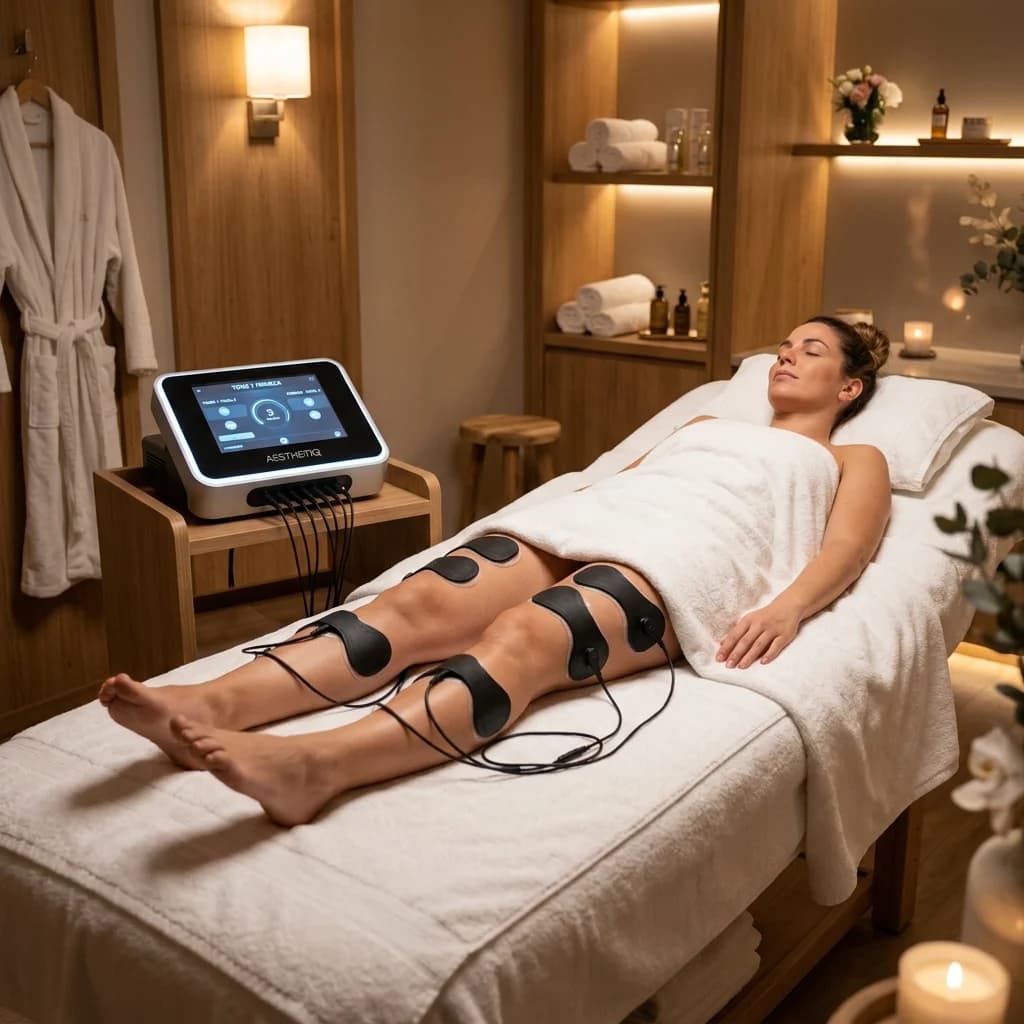 Electroestimulación de gimnasia pasiva con electrodos sobre abdomen en camilla de spa.