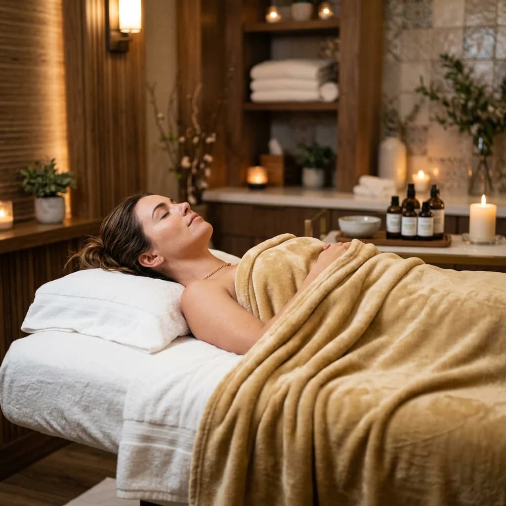 Manta térmica envolvente para tratamiento corporal de calor en ambiente relajante de spa.