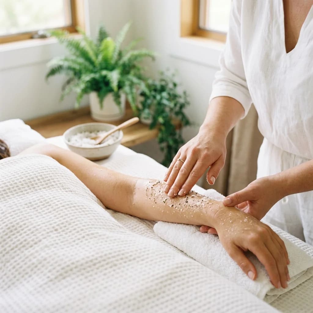 Exfoliación corporal con sales naturales aplicadas con técnica profesional en zona de brazos