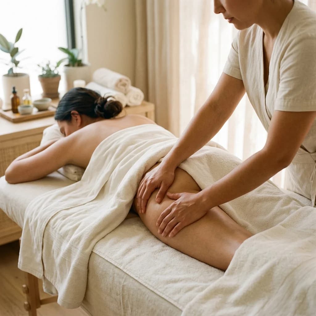 Masaje y tratamiento corporal de levantamiento de glúteos en ambiente spa con toallas blancas