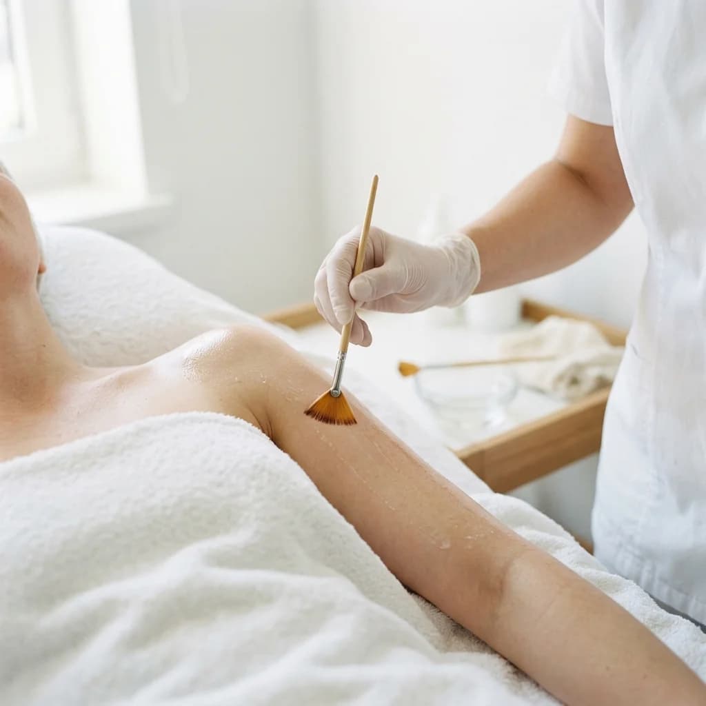 Aplicación de peeling químico corporal localizado con brocha suave sobre espalda o hombros