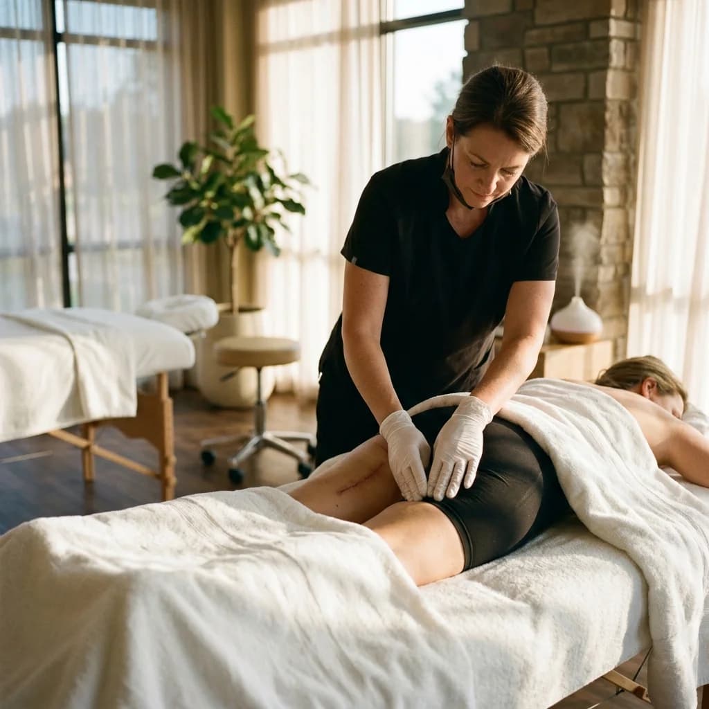 Masaje post-quirúrgico y drenaje linfático suave con guantes profesionales en cabina spa