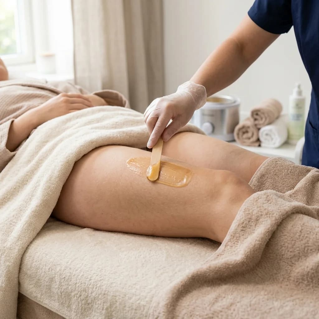 Detalle de depilación de muslos con cera tibia en ambiente de cabina de spa.