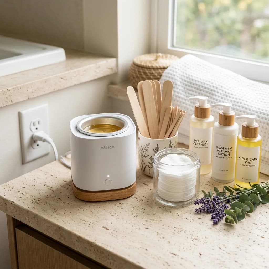 Kit de depilación facial y corporal con aplicadores y lociones en ambiente iluminado.