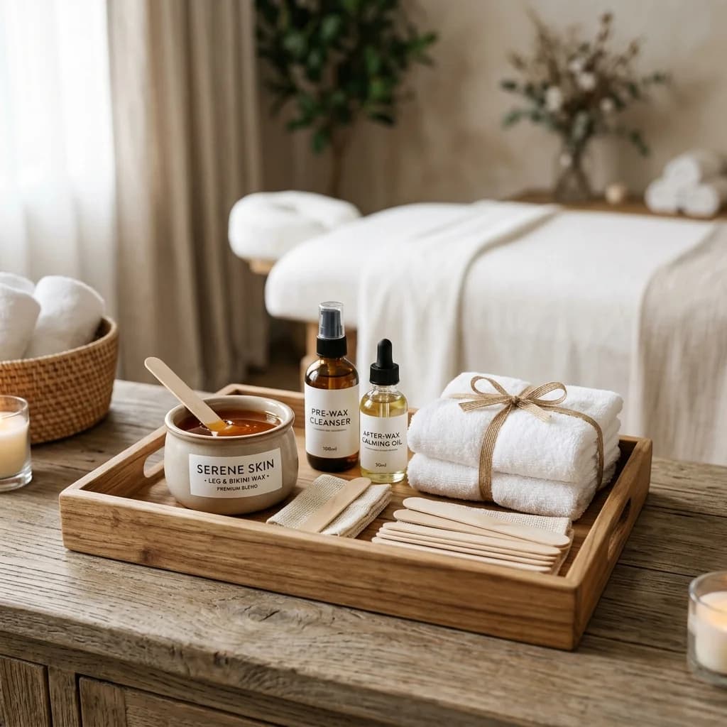 Combo de depilación con cera de piernas, muslos y línea de bikini en cabina de spa.