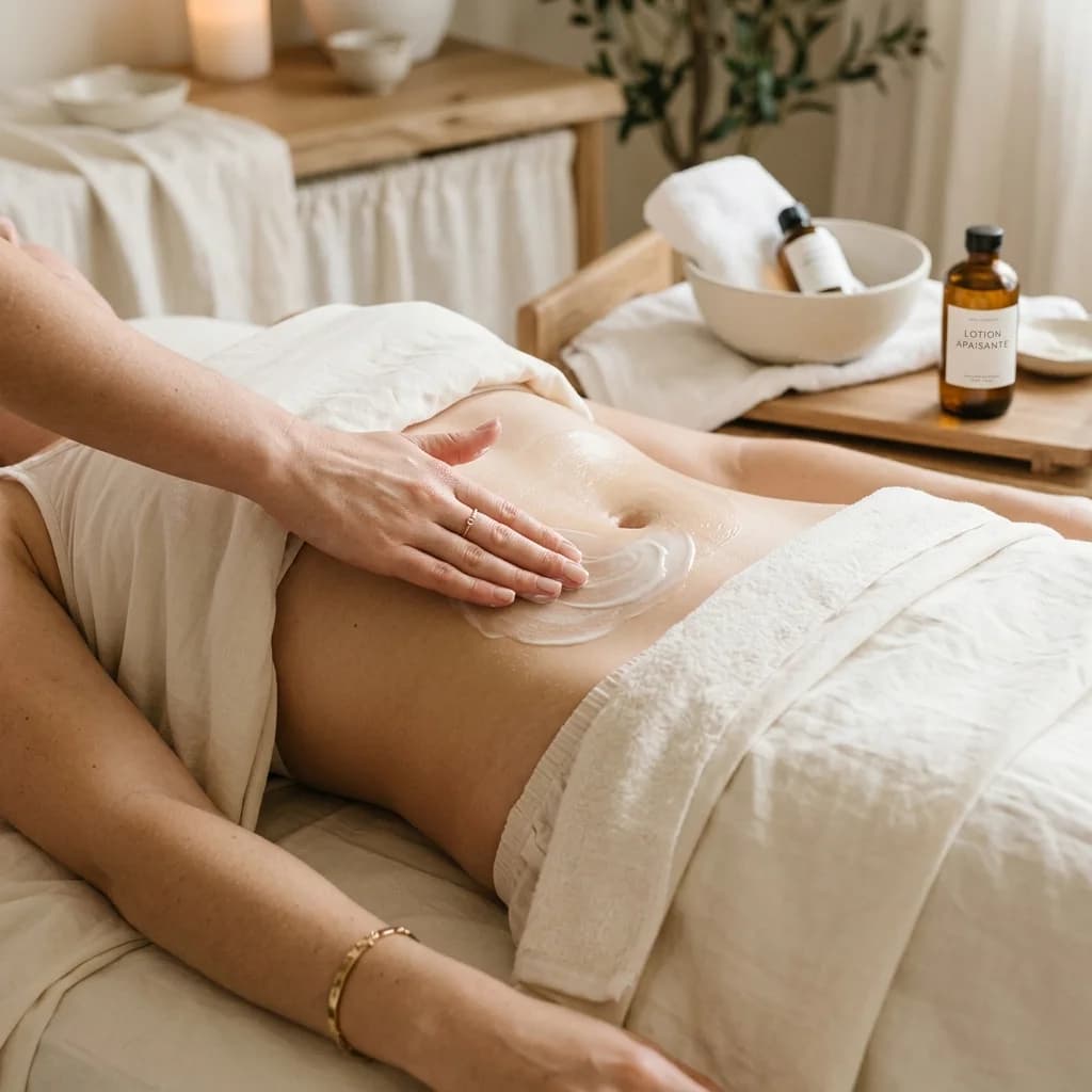 Aplicación post-depilación en la zona del abdomen con crema calmante en cabina premium.