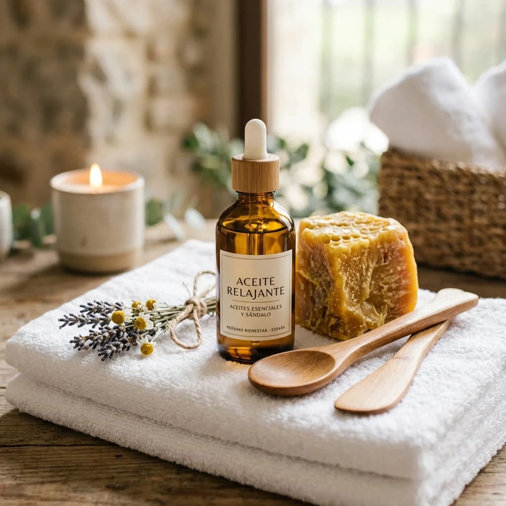 Bodegón conceptual de spa con aceites relajantes, espátulas de madera y cera orgánica.