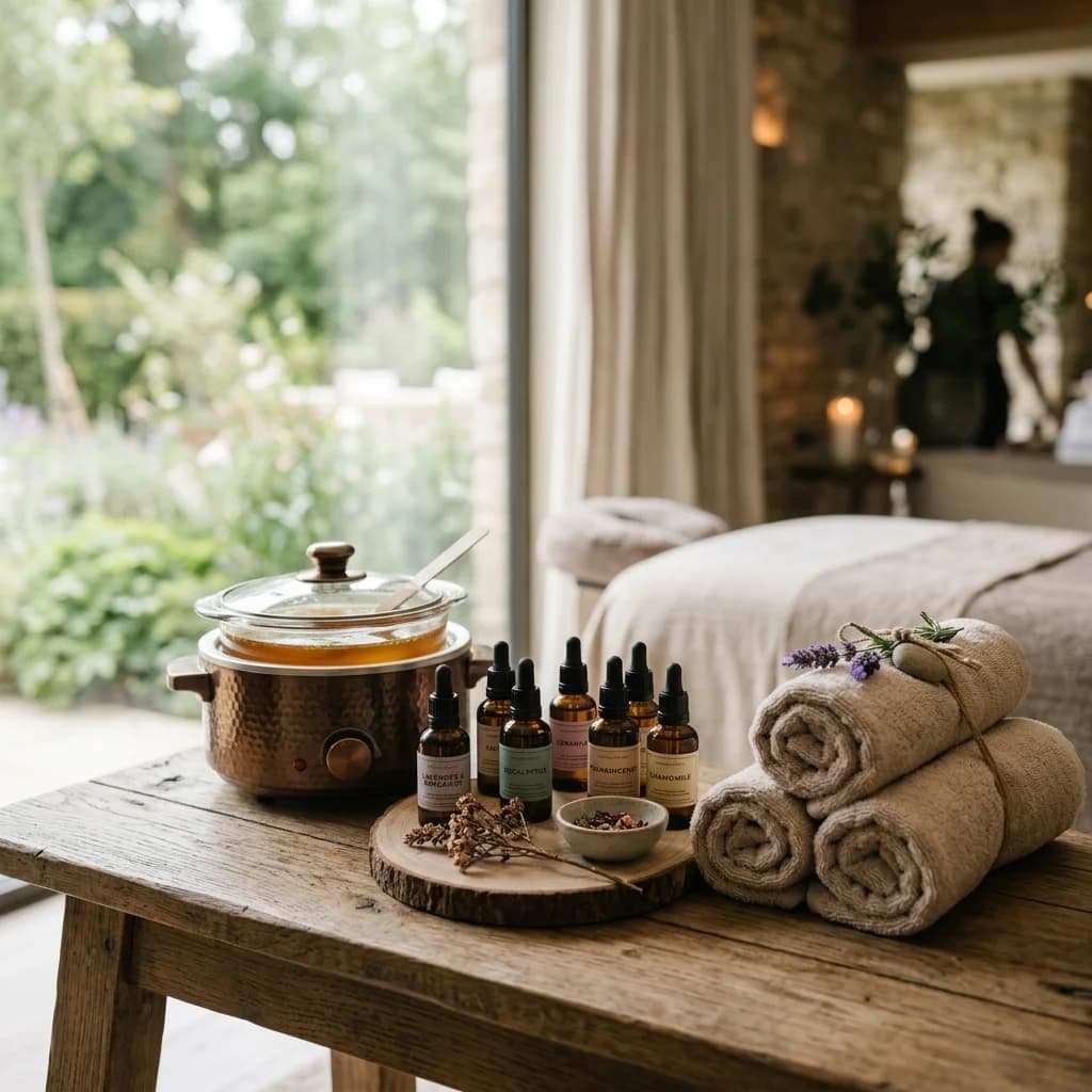 Detalles premium de spa con calentador de cera, aceites esenciales y toallas enrolladas.