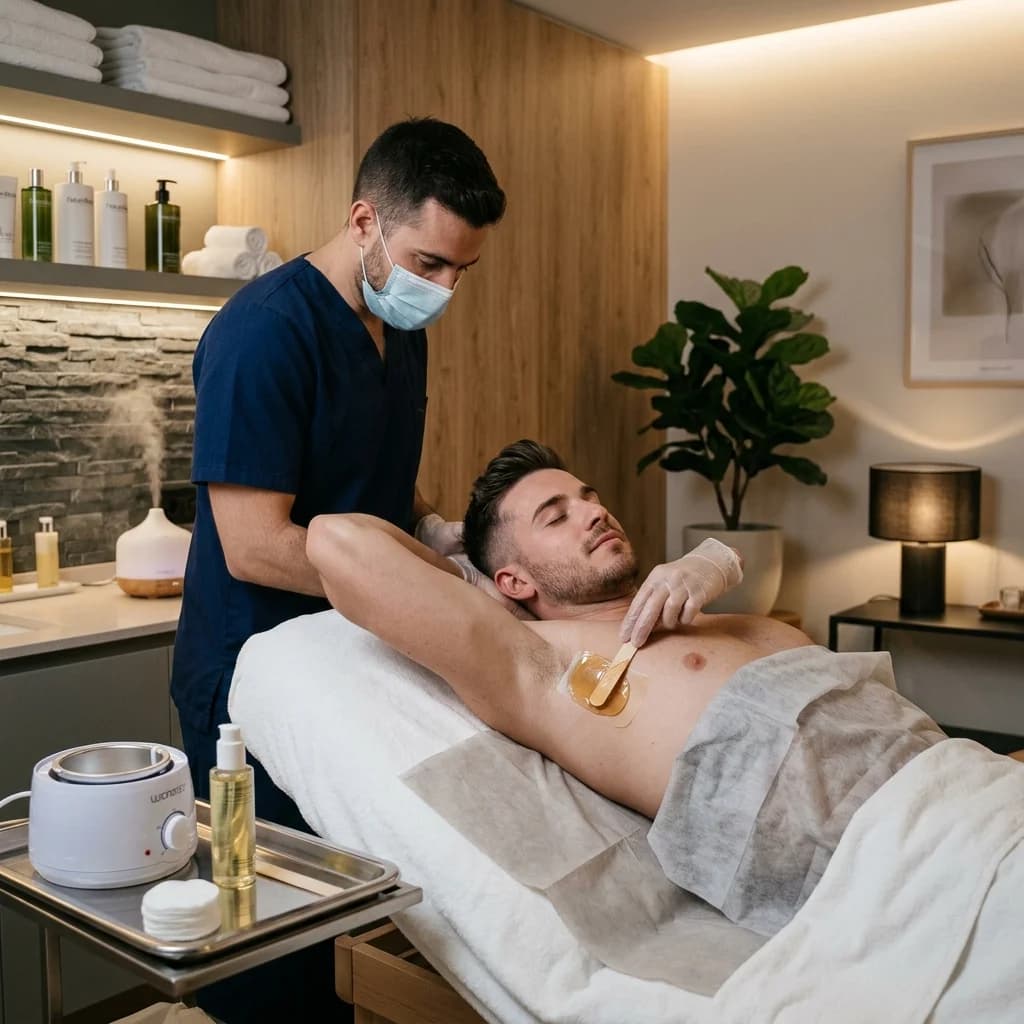 Depilación masculina de axilas con cera profesional en ambiente cuidado.