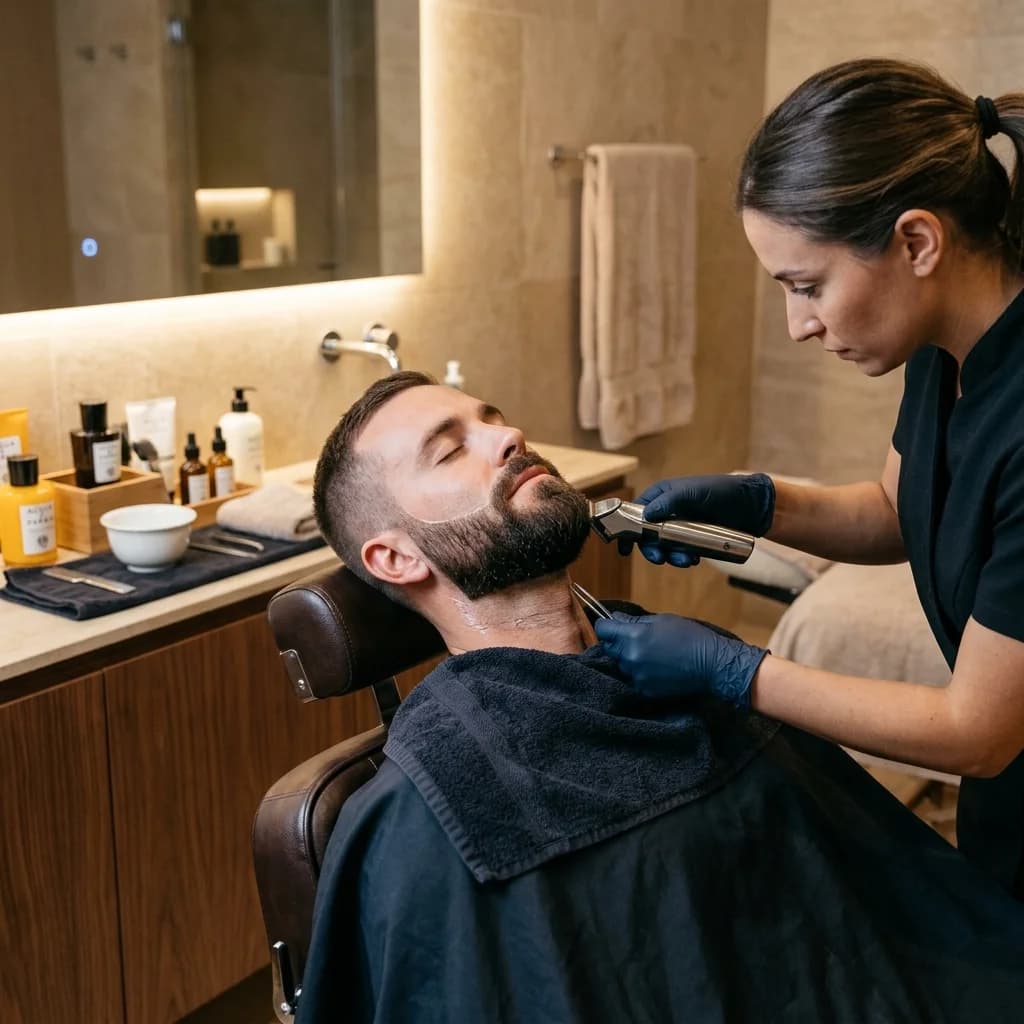 Perfilado y depilación de barba completa con cera para un contorno definido.