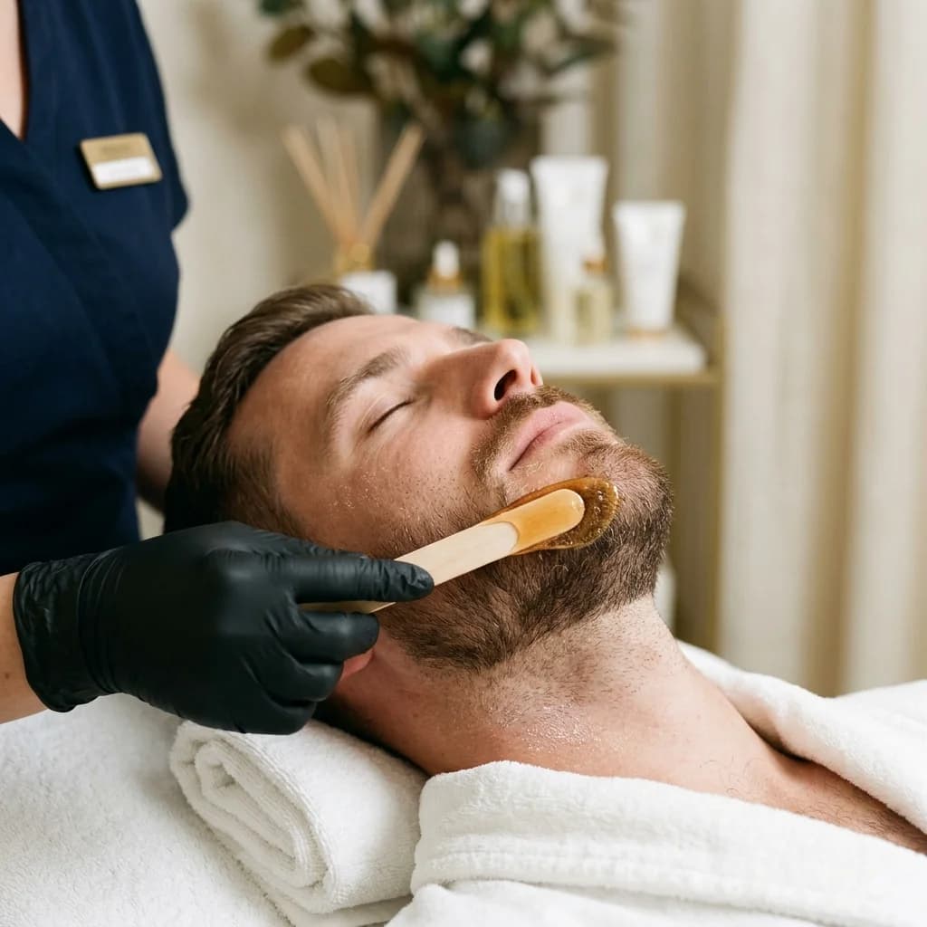 Depilación masculina de barbilla con cera tibia y cuidado de la piel.
