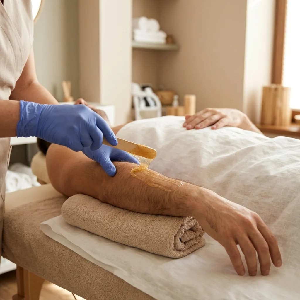 Depilación masculina de brazos con cera aplicada con espátula de madera.