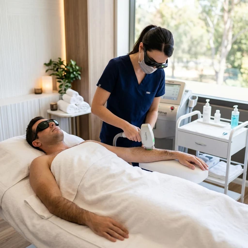 Depilación masculina de brazos completos con técnica profesional en cabina de spa.