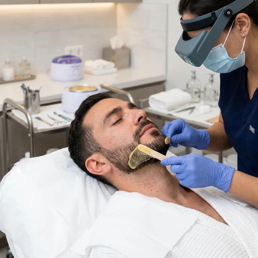 Perfilado de barba tipo candado con cera para un acabado definido.