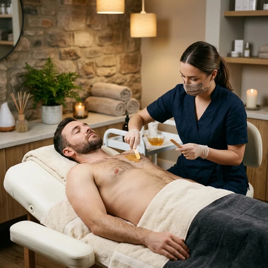 Depilación masculina de pecho con cera profesional en ambiente cuidado.
