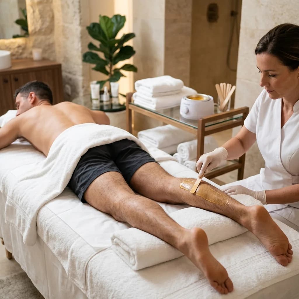 Depilación masculina de piernas con cera tibia y cuidado post-depilatorio.