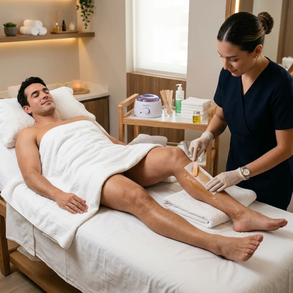 Depilación masculina de piernas completas con técnica profesional en cabina de spa.