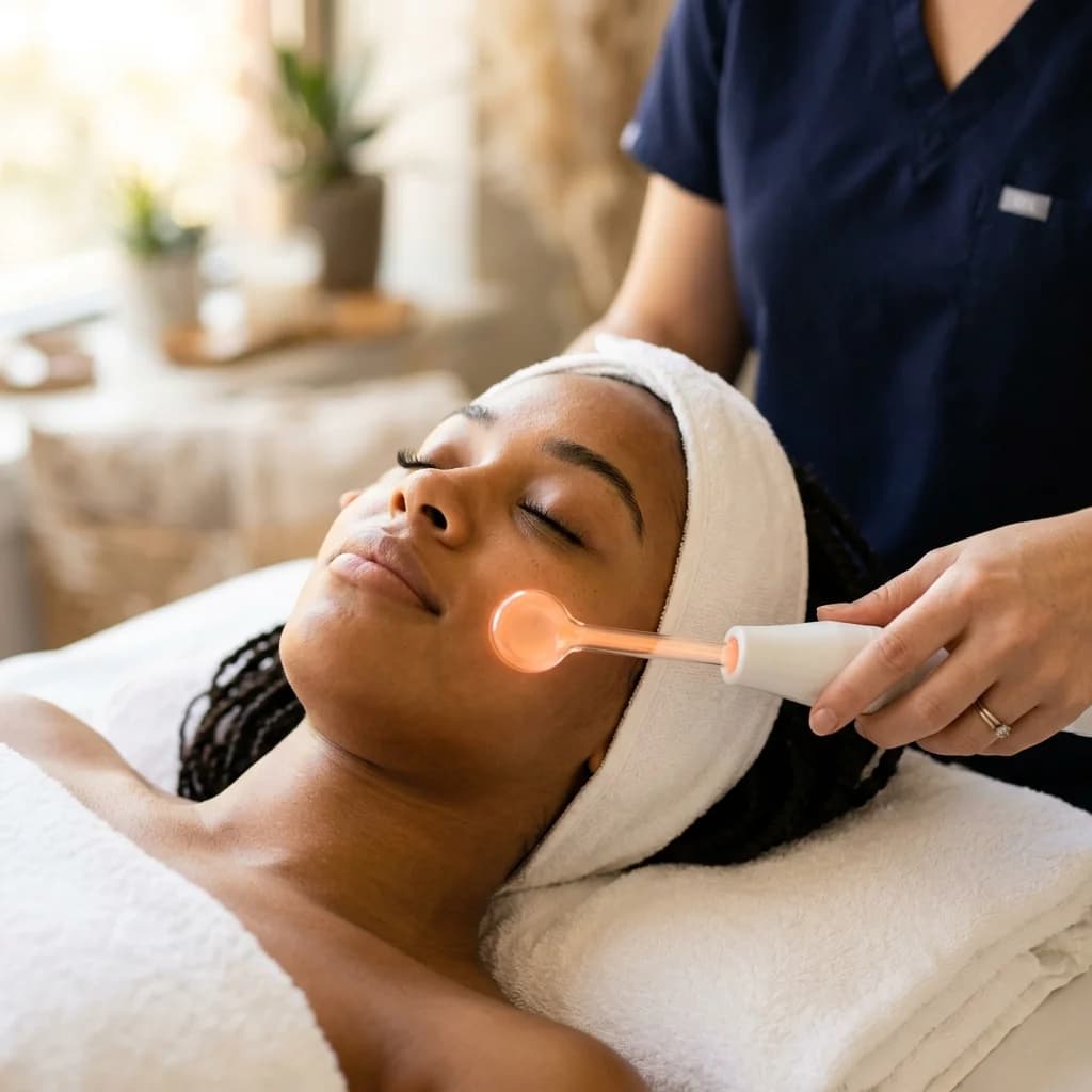 Alta frecuencia facial con electrodo de vidrio y brillo naranja sutil sobre mejilla