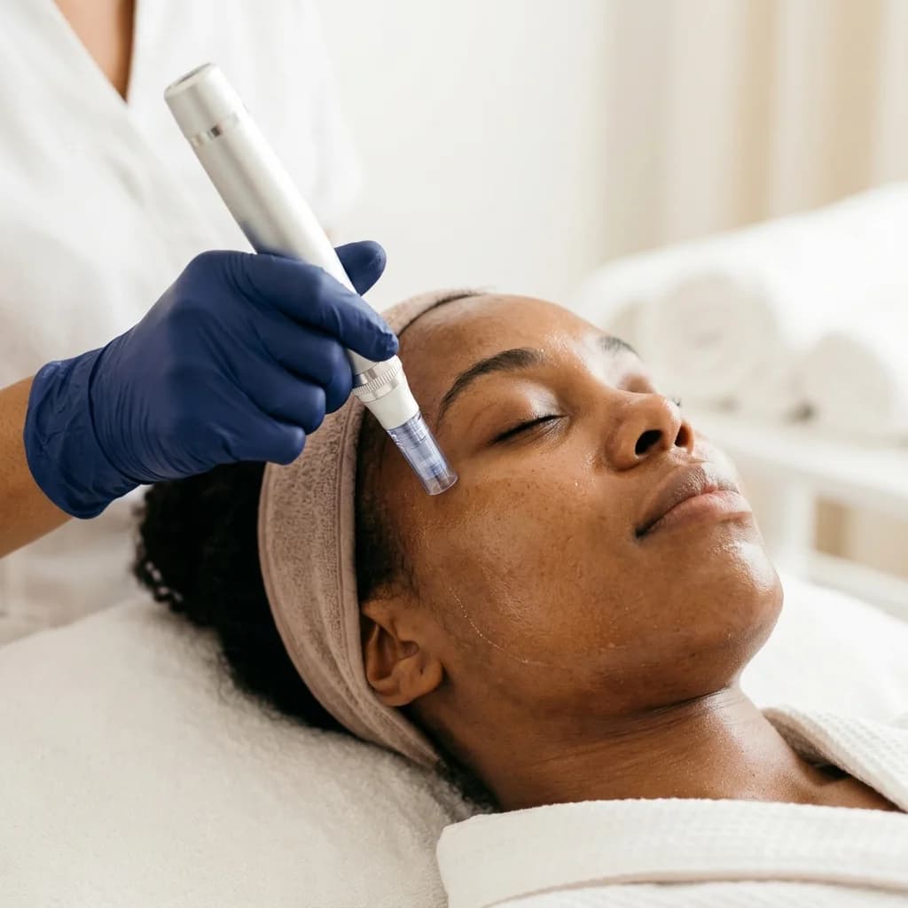 Dermapen facial — herramienta de microneedling en mano profesional sobre piel cuidada