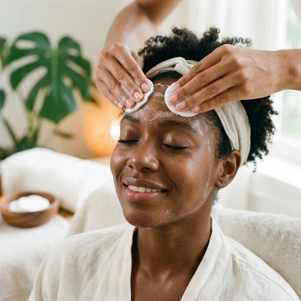 Limpieza facial básica con algodón y espuma suave sobre rostro relajado
