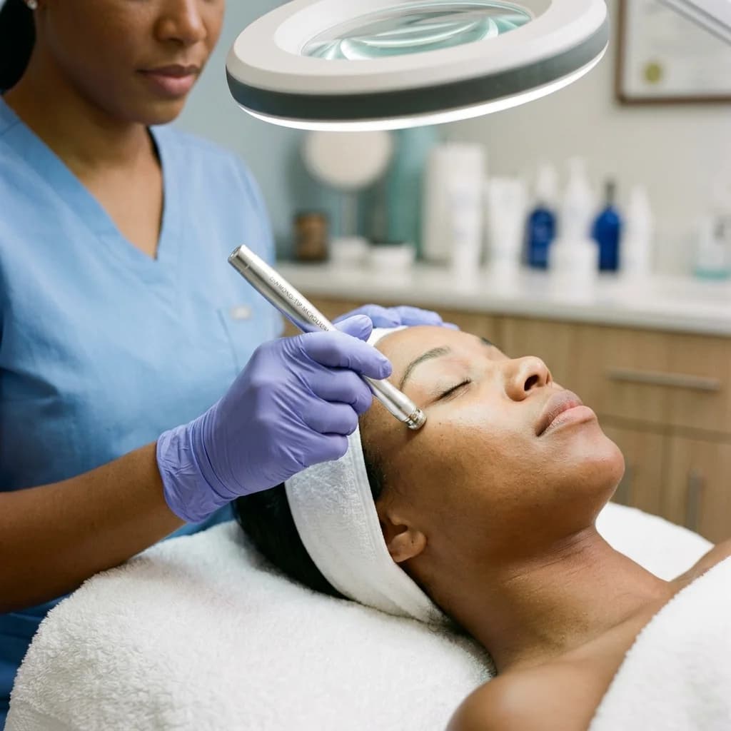 Exfoliación mecánica con punta de diamante deslizándose sobre pómulo