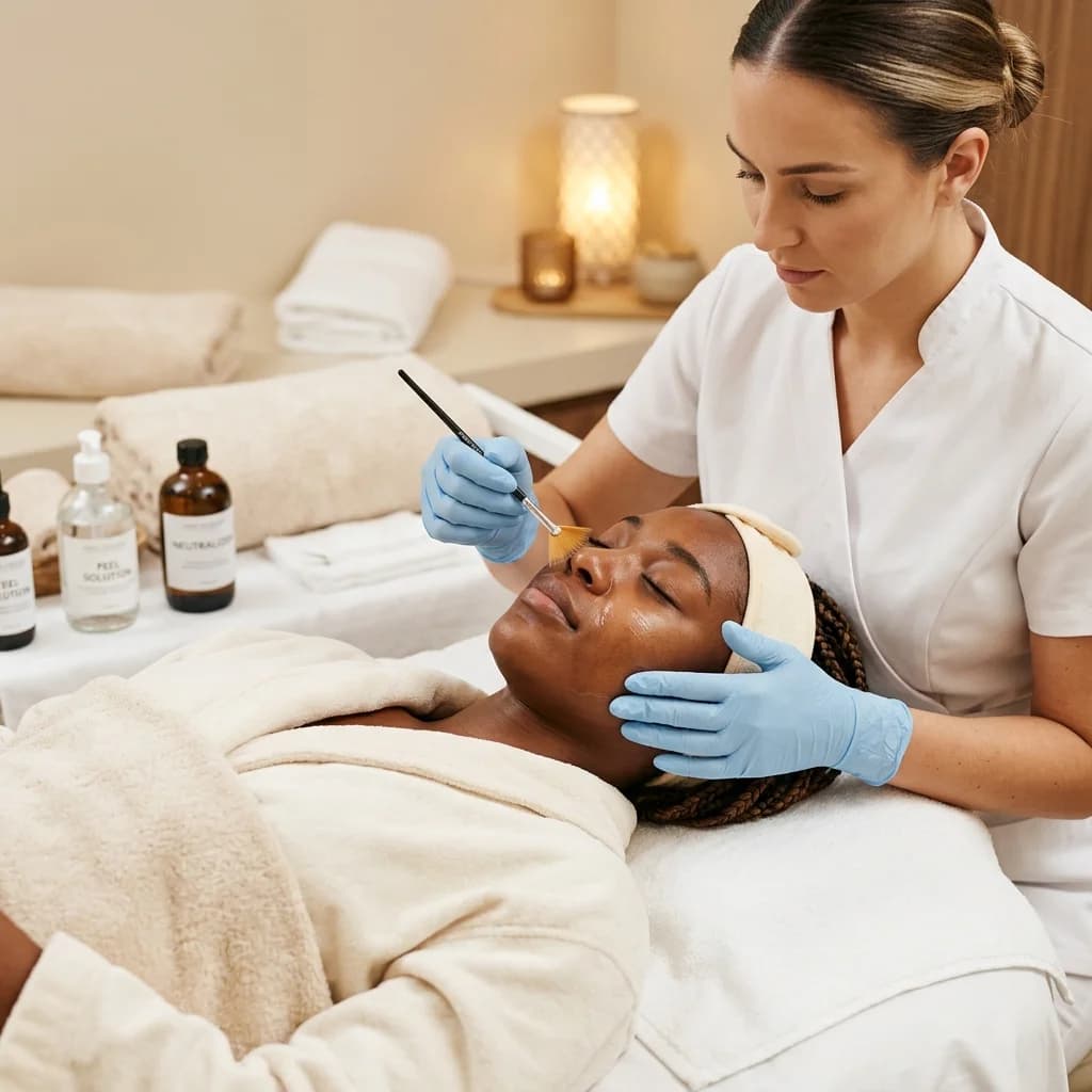 Aplicación precisa de peeling químico con pincel en rostro de modelo