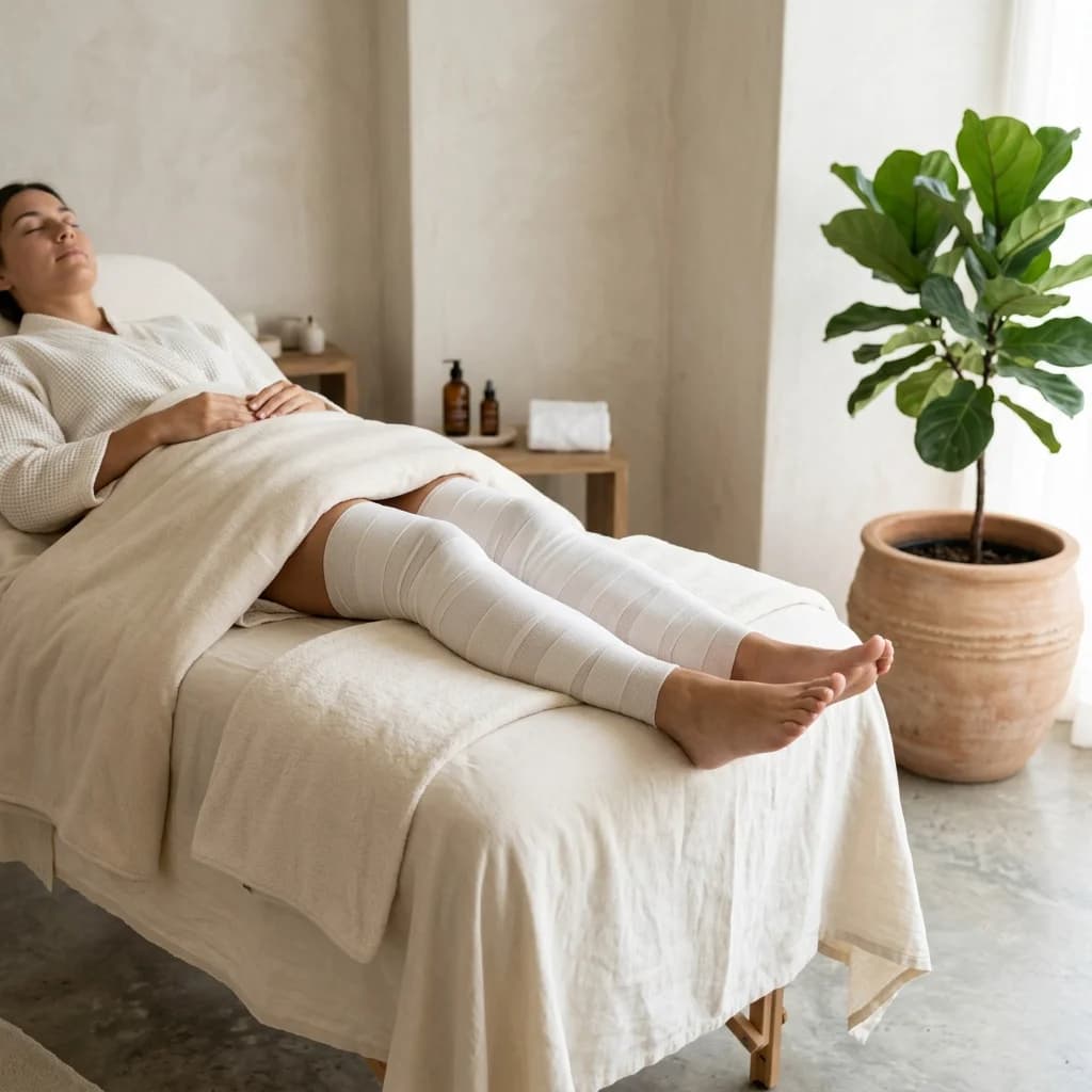 Aplicación de vendas frías envolventes sobre piernas para efecto reafirmante en spa.