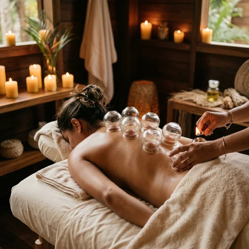 Terapia de ventosas sobre espalda con copas de succión en ambiente relajante de spa.